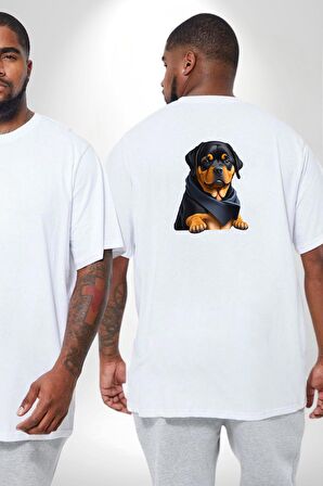 Puppy Köpek Rottweiler  Büyük Beden Beyaz Tişört Kadın Erkek Ünisex Sırt Baskılı