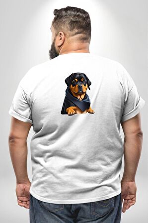 Puppy Köpek Rottweiler  Büyük Beden Beyaz Tişört Kadın Erkek Ünisex Sırt Baskılı