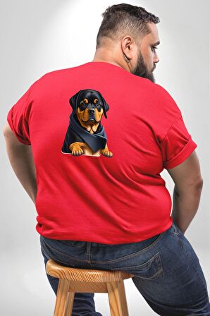 Puppy Köpek Rottweiler  Büyük Beden Kırmızı Tişört Kadın Erkek Ünisex Sırt Baskılı