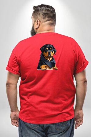 Puppy Köpek Rottweiler  Büyük Beden Kırmızı Tişört Kadın Erkek Ünisex Sırt Baskılı