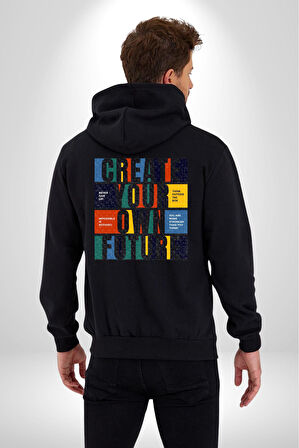 Geleçeği Seninle Planlayalım  Kadın Erkek Siyah Renk Kapüşonlu Kanguru Cepli  Fermuarlı Pamuklu Oversize Dijital Baskılı Hırka Sweatshirt