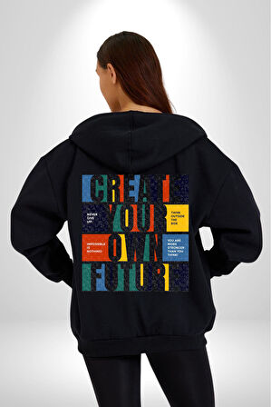 Geleçeği Seninle Planlayalım  Kadın Erkek Siyah Renk Kapüşonlu Kanguru Cepli  Fermuarlı Pamuklu Oversize Dijital Baskılı Hırka Sweatshirt