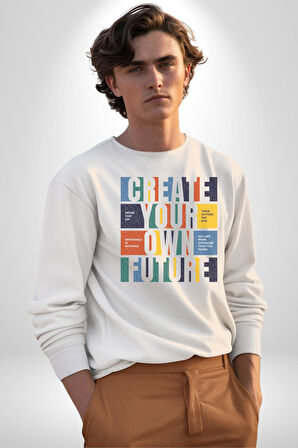 Geleçeği Seninle Planlayalım  Kadın Erkek  Beyaz Baskılı Sweatshirt 