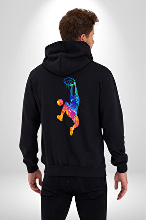 Smaç Basketbol Renkli Kadın Erkek Siyah Renk Kapüşonlu Kanguru Cepli  Fermuarlı Pamuklu Oversize Dijital Baskılı Hırka Sweatshirt