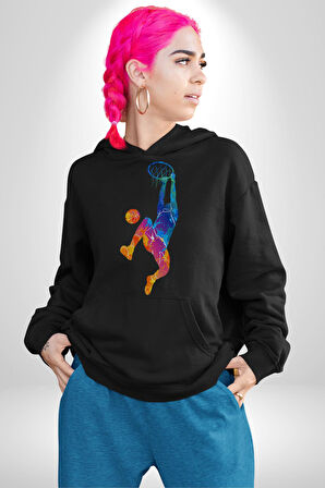 Smaç Basketbol Renkli Kadın Erkek  Siyah Kapüşonlu Sweatshirt Hoodie