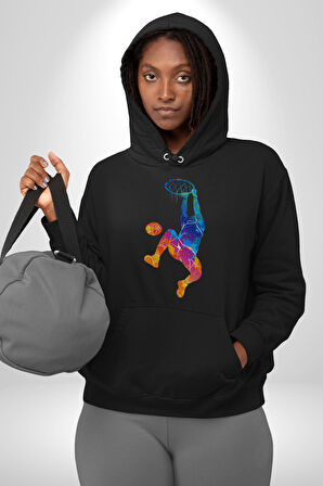 Smaç Basketbol Renkli Kadın Erkek  Siyah Kapüşonlu Sweatshirt Hoodie