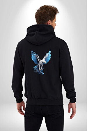 Mavi Beyaz Kartal Kuş Kadın Erkek Siyah Renk Kapüşonlu Kanguru Cepli  Fermuarlı Pamuklu Oversize Dijital Baskılı Hırka Sweatshirt