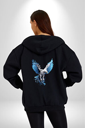 Mavi Beyaz Kartal Kuş Kadın Erkek Siyah Renk Kapüşonlu Kanguru Cepli  Fermuarlı Pamuklu Oversize Dijital Baskılı Hırka Sweatshirt