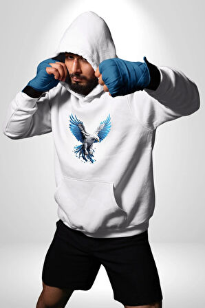 Mavi Beyaz Kartal Kuş Kadın Erkek  Beyaz Kapüşonlu Sweatshirt Hoodie