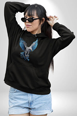 Mavi Beyaz Kartal Kuş Kadın Erkek  Siyah Kapüşonlu Sweatshirt Hoodie