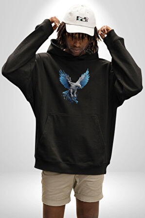 Mavi Beyaz Kartal Kuş Kadın Erkek  Siyah Kapüşonlu Sweatshirt Hoodie
