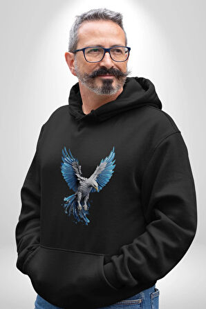 Mavi Beyaz Kartal Kuş Kadın Erkek  Siyah Kapüşonlu Sweatshirt Hoodie