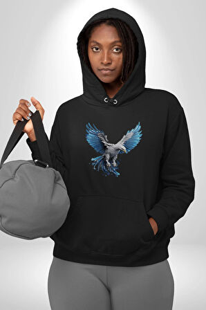 Mavi Beyaz Kartal Kuş Kadın Erkek  Siyah Kapüşonlu Sweatshirt Hoodie