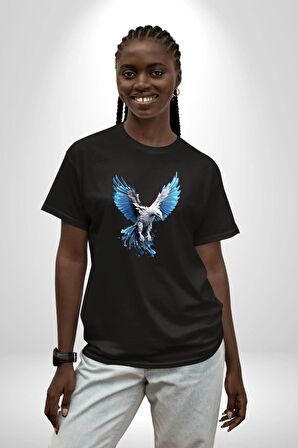 Mavi Beyaz Kartal Kuş Pamuklu Bisiklet Yaka Kadın Erkek Oversize Boyfriend Dijital Baskılı Siyah T-shirt