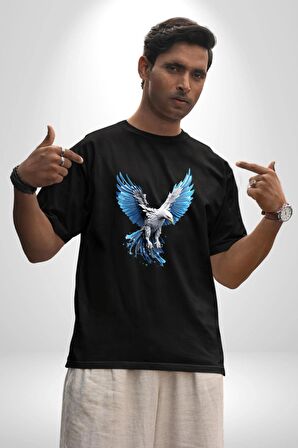 Mavi Beyaz Kartal Kuş Pamuklu Bisiklet Yaka Kadın Erkek Oversize Boyfriend Dijital Baskılı Siyah T-shirt