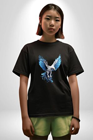 Mavi Beyaz Kartal Kuş Pamuklu Bisiklet Yaka Kadın Erkek Oversize Boyfriend Dijital Baskılı Siyah T-shirt