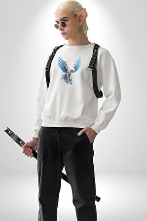 Mavi Beyaz Kartal Kuş Kadın Erkek  Beyaz Baskılı Sweatshirt 
