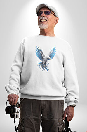 Mavi Beyaz Kartal Kuş Kadın Erkek  Beyaz Baskılı Sweatshirt 
