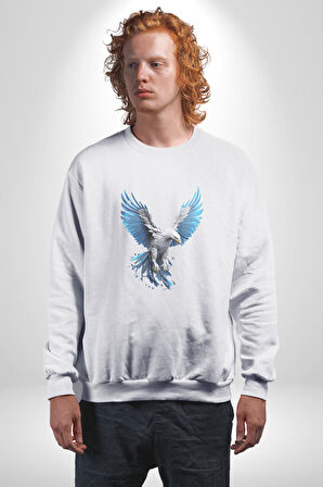 Mavi Beyaz Kartal Kuş Kadın Erkek  Beyaz Baskılı Sweatshirt 
