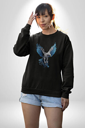 Mavi Beyaz Kartal Kuş Kadın Erkek  Siyah Baskılı Sweatshirt 