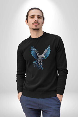 Mavi Beyaz Kartal Kuş Kadın Erkek  Siyah Baskılı Sweatshirt 