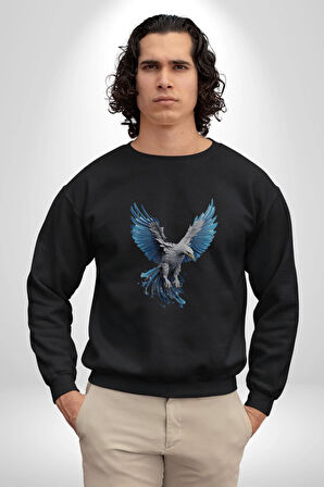 Mavi Beyaz Kartal Kuş Kadın Erkek  Siyah Baskılı Sweatshirt 