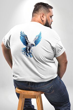 Mavi Beyaz Kartal Kuş Büyük Beden Beyaz Tişört Kadın Erkek Ünisex Sırt Baskılı
