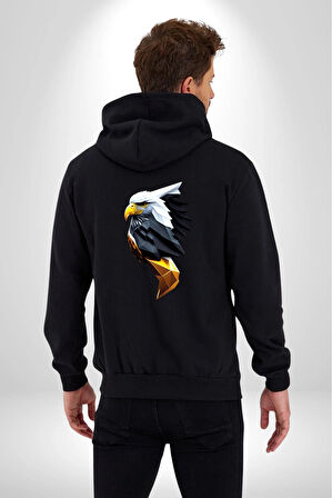 Yapay Zeka Kartal Kuş Tasarımı Kadın Erkek Siyah Renk Kapüşonlu Kanguru Cepli  Fermuarlı Pamuklu Oversize Dijital Baskılı Hırka Sweatshirt