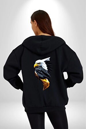 Yapay Zeka Kartal Kuş Tasarımı Kadın Erkek Siyah Renk Kapüşonlu Kanguru Cepli  Fermuarlı Pamuklu Oversize Dijital Baskılı Hırka Sweatshirt