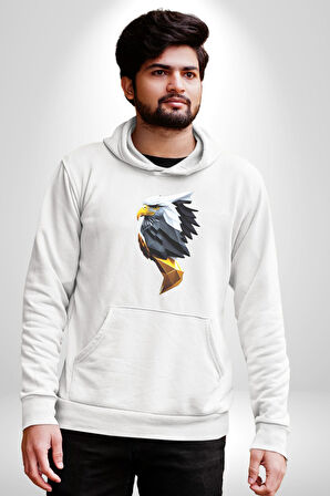 Yapay Zeka Kartal Kuş Tasarımı Kadın Erkek  Beyaz Kapüşonlu Sweatshirt Hoodie