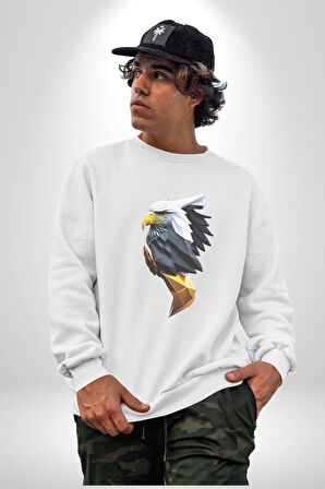 Yapay Zeka Kartal Kuş Tasarımı Kadın Erkek  Beyaz Baskılı Sweatshirt 