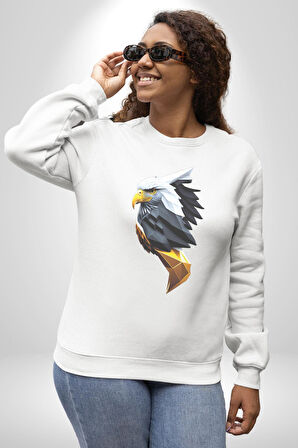 Yapay Zeka Kartal Kuş Tasarımı Kadın Erkek  Beyaz Baskılı Sweatshirt 