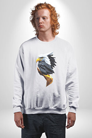 Yapay Zeka Kartal Kuş Tasarımı Kadın Erkek  Beyaz Baskılı Sweatshirt 