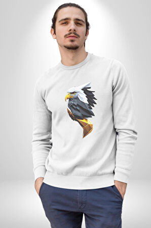 Yapay Zeka Kartal Kuş Tasarımı Kadın Erkek  Beyaz Baskılı Sweatshirt 