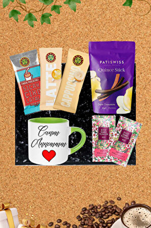 Kişiye Özel Kupa & Ayva Çubukları & Latte & Çikolata & Cappuccıno & Mendil & Anneye Hediye Seti