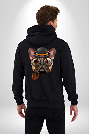 Köpek Pug Gözlüklü Kadın Erkek Siyah Renk Kapüşonlu Kanguru Cepli  Fermuarlı Pamuklu Oversize Dijital Baskılı Hırka Sweatshirt