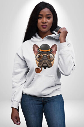 Köpek Pug Gözlüklü Kadın Erkek  Beyaz Kapüşonlu Sweatshirt Hoodie