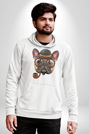 Köpek Pug Gözlüklü Kadın Erkek  Beyaz Kapüşonlu Sweatshirt Hoodie