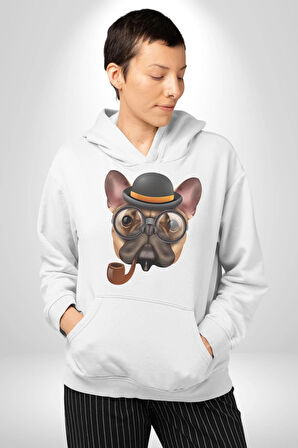 Köpek Pug Gözlüklü Kadın Erkek  Beyaz Kapüşonlu Sweatshirt Hoodie