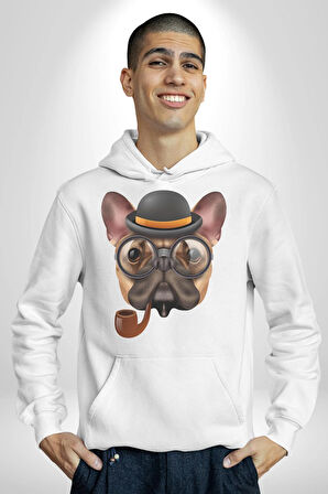 Köpek Pug Gözlüklü Kadın Erkek  Beyaz Kapüşonlu Sweatshirt Hoodie