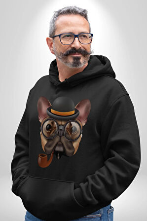 Köpek Pug Gözlüklü Kadın Erkek  Siyah Kapüşonlu Sweatshirt Hoodie