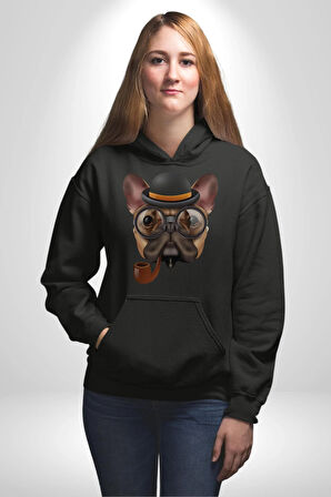 Köpek Pug Gözlüklü Kadın Erkek  Siyah Kapüşonlu Sweatshirt Hoodie