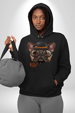 Köpek Pug Gözlüklü Kadın Erkek  Siyah Kapüşonlu Sweatshirt Hoodie