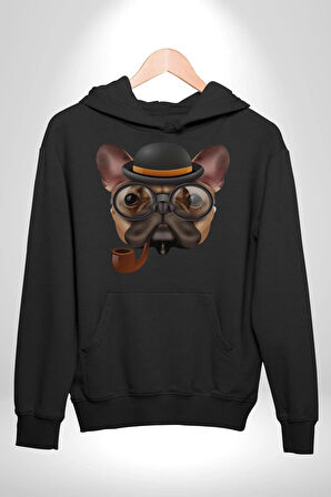 Köpek Pug Gözlüklü Kadın Erkek  Siyah Kapüşonlu Sweatshirt Hoodie