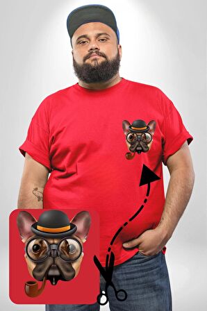 Köpek Pug Gözlüklü Kırmızı Büyük Beden Kadın Basic Minimal Baskılı Tişört