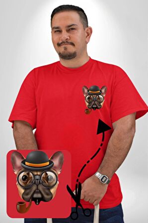 Köpek Pug Gözlüklü Kırmızı Büyük Beden Kadın Basic Minimal Baskılı Tişört