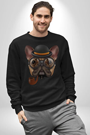 Köpek Pug Gözlüklü Kadın Erkek  Siyah Baskılı Sweatshirt 