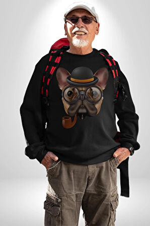 Köpek Pug Gözlüklü Kadın Erkek  Siyah Baskılı Sweatshirt 