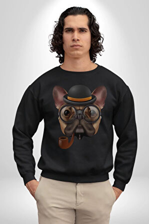 Köpek Pug Gözlüklü Kadın Erkek  Siyah Baskılı Sweatshirt 
