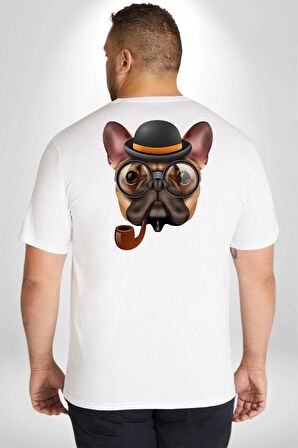 Köpek Pug Gözlüklü Büyük Beden Beyaz Tişört Kadın Erkek Ünisex Sırt Baskılı